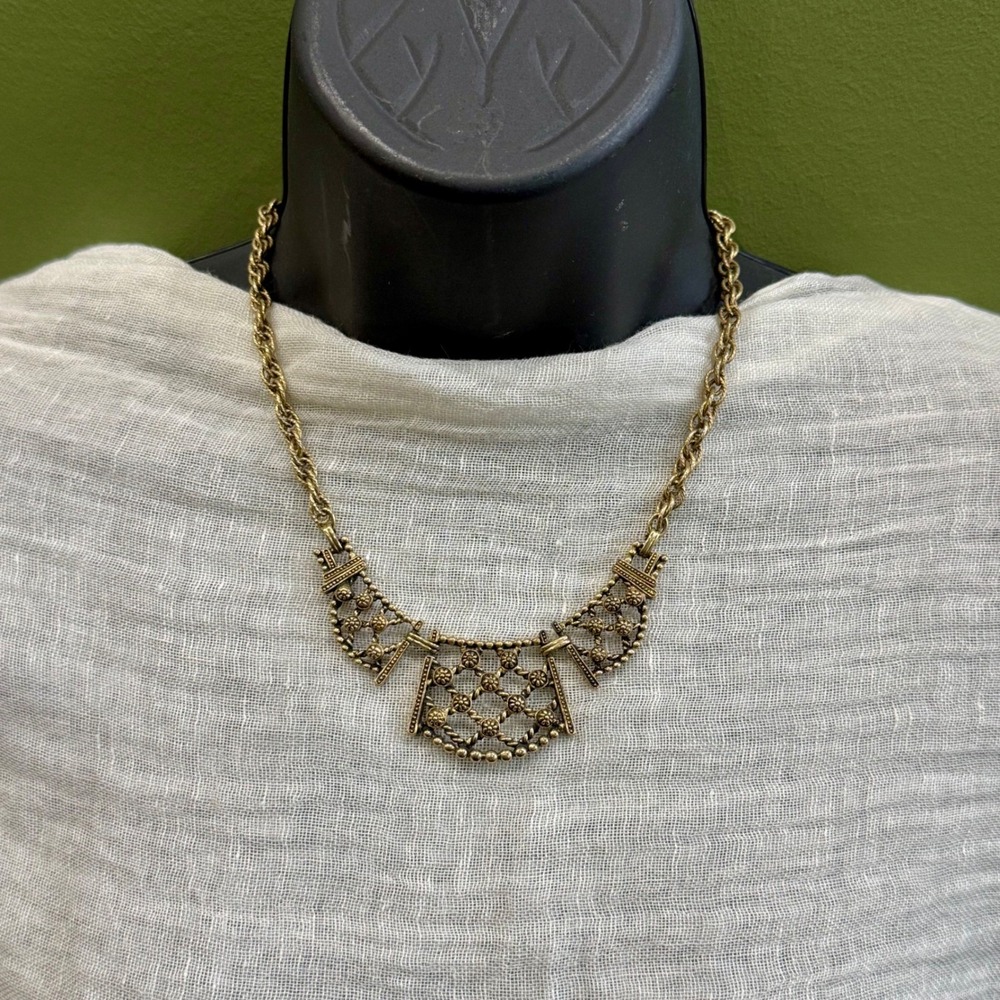 Gold Tone Filigree Statement Necklace Boho Tribal Bib Antique Style